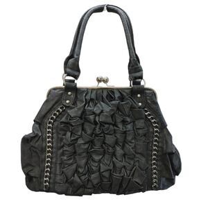 Cato Ruffle Satchel Clutch Top Handle Shoulder Bag Chain Kiss Lock Black